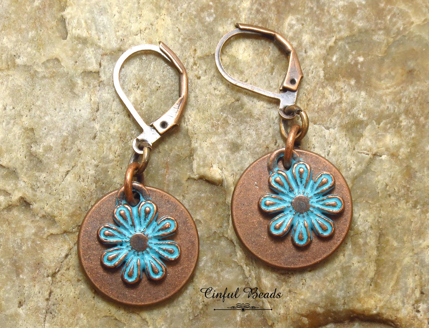 Copper Patina Boho Dangle Earrings - Copper and Turquoise Patina Flower Earrings
