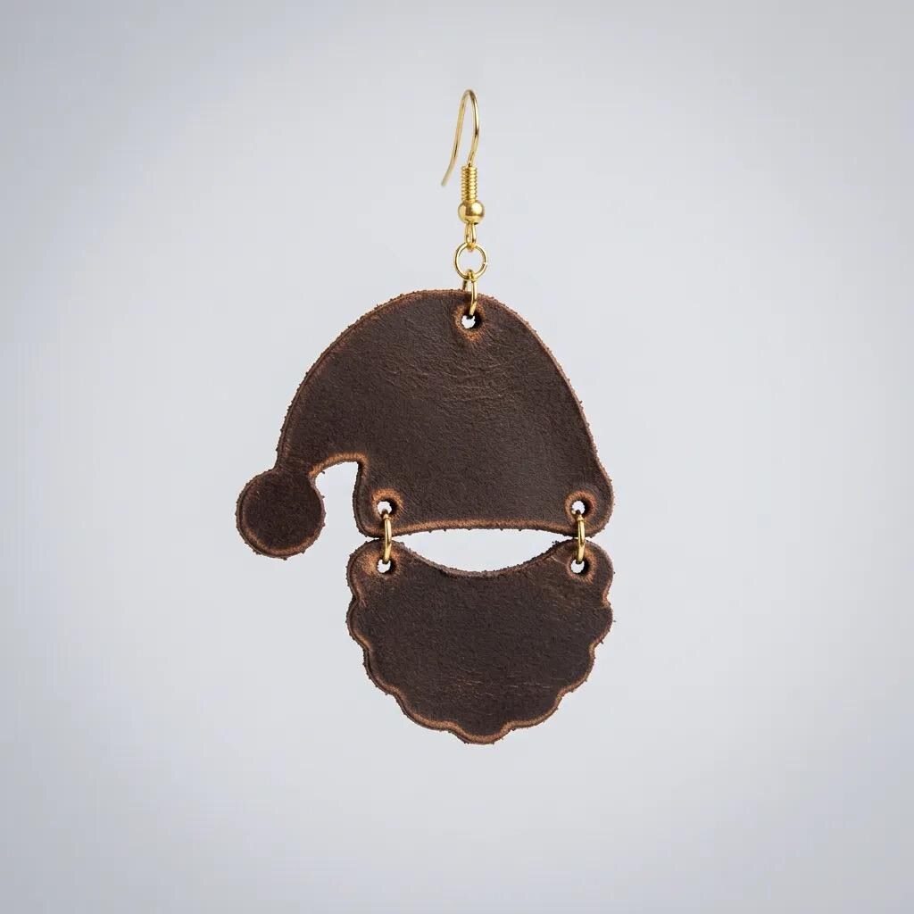 Handmade Leather Santa Claus Earrings, Festive Holiday Dangle Jewelry