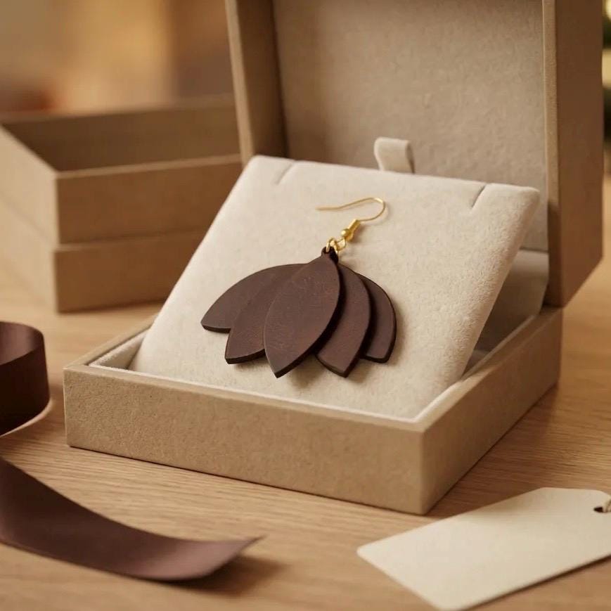 Handmade Leather Petal Drop Earrings – Lightweight Boho Dangle, Minimalist Gift