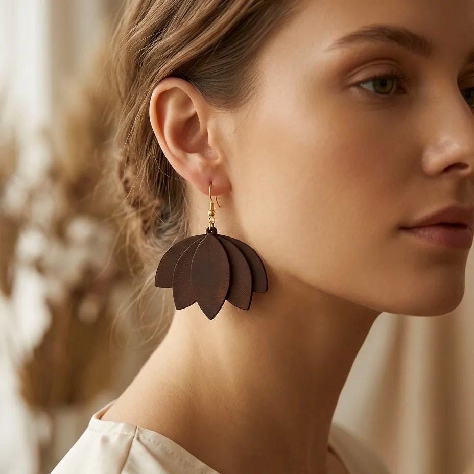 Handmade Leather Petal Drop Earrings – Lightweight Boho Dangle, Minimalist Gift