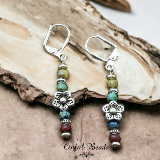 Dainty Multicolor Picasso Seed Bead Stick Earrings with Flower Spacer Bead - Lightweight And Comfortable Boho Statement Jewelry