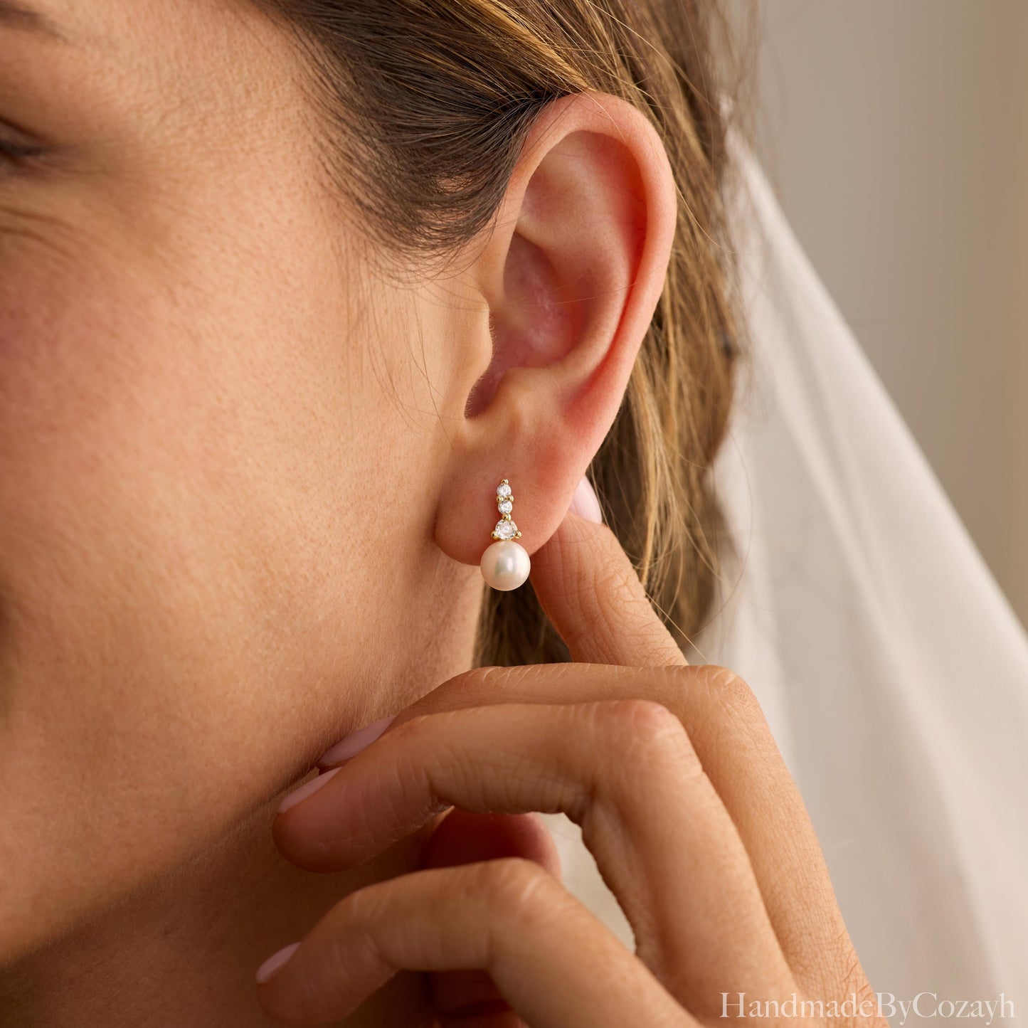 Diamond Pearl Drop Earrings, Simple Freshwater Pearl Earrings, Dainty Wedding Jewelry, Bridesmaid Gift, Bridal Earrings, Mother's Day gift
