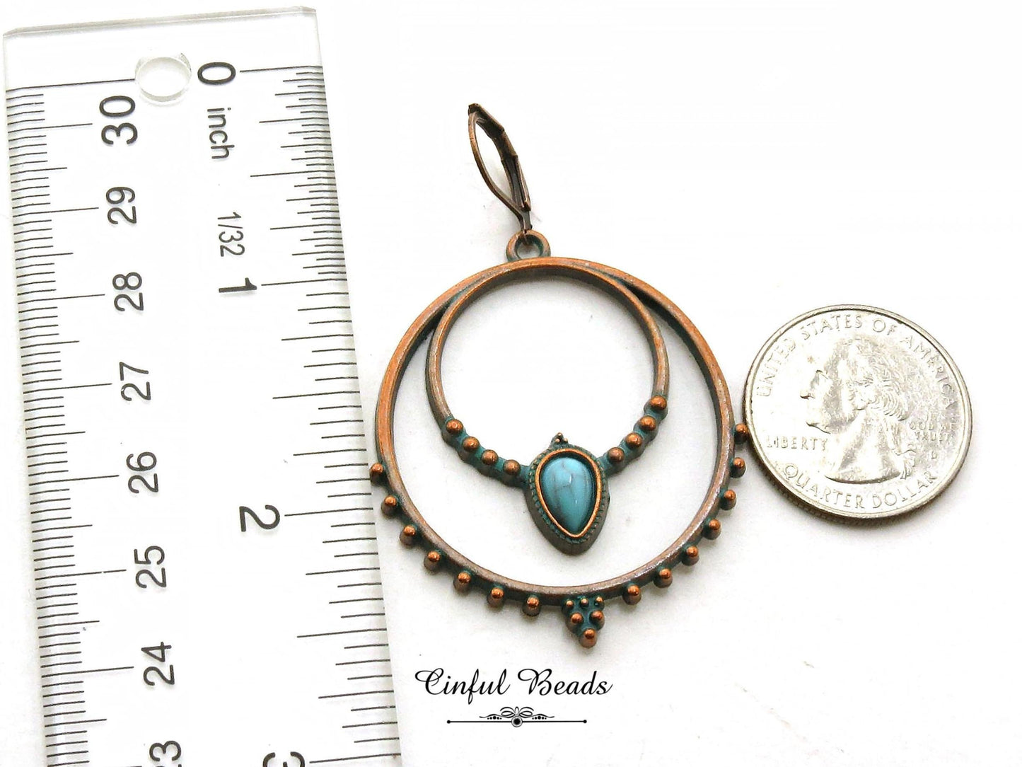 Boho Antique Copper Patina Hoop Earrings with Faux Turquoise