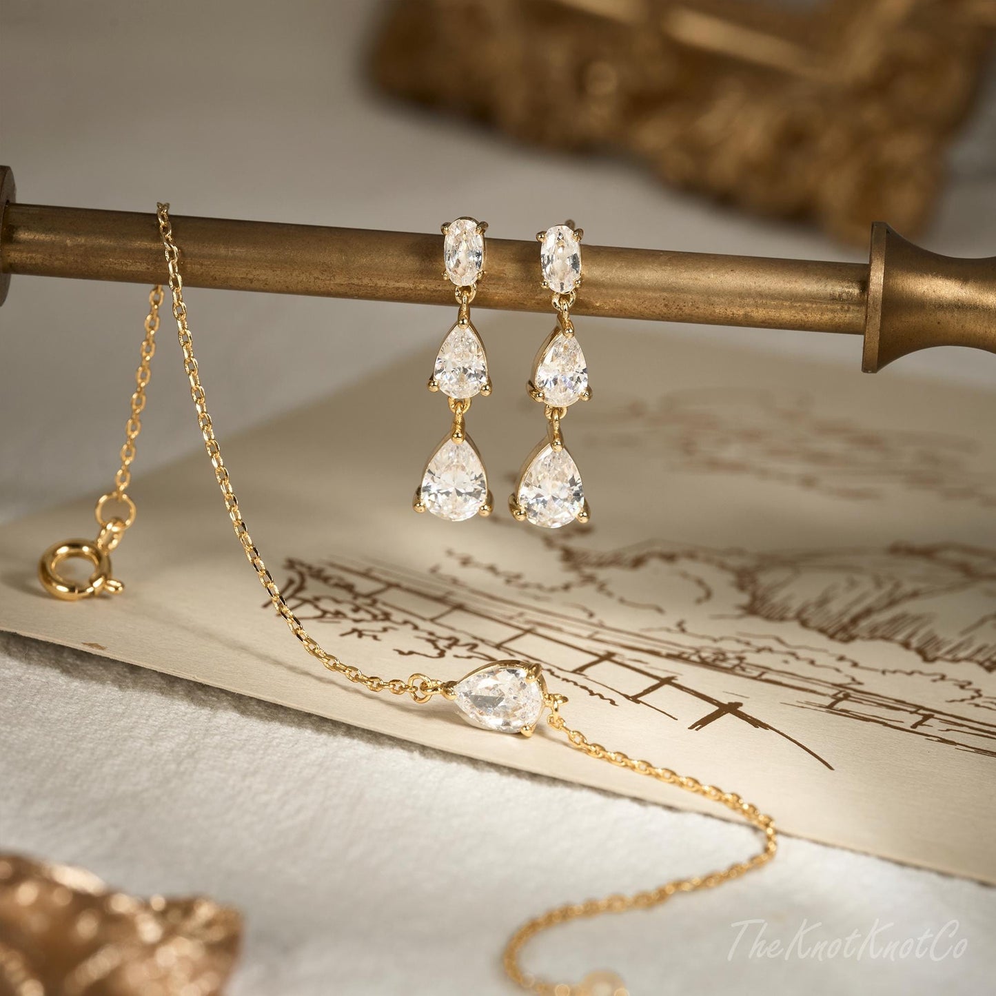 Sterling Silver Dangle Diamond Earrings, Triple Diamond Drop Earrings, Gold Earrings, Bridesmaid Gift, Wedding Earrings, Wedding Jewelry Set