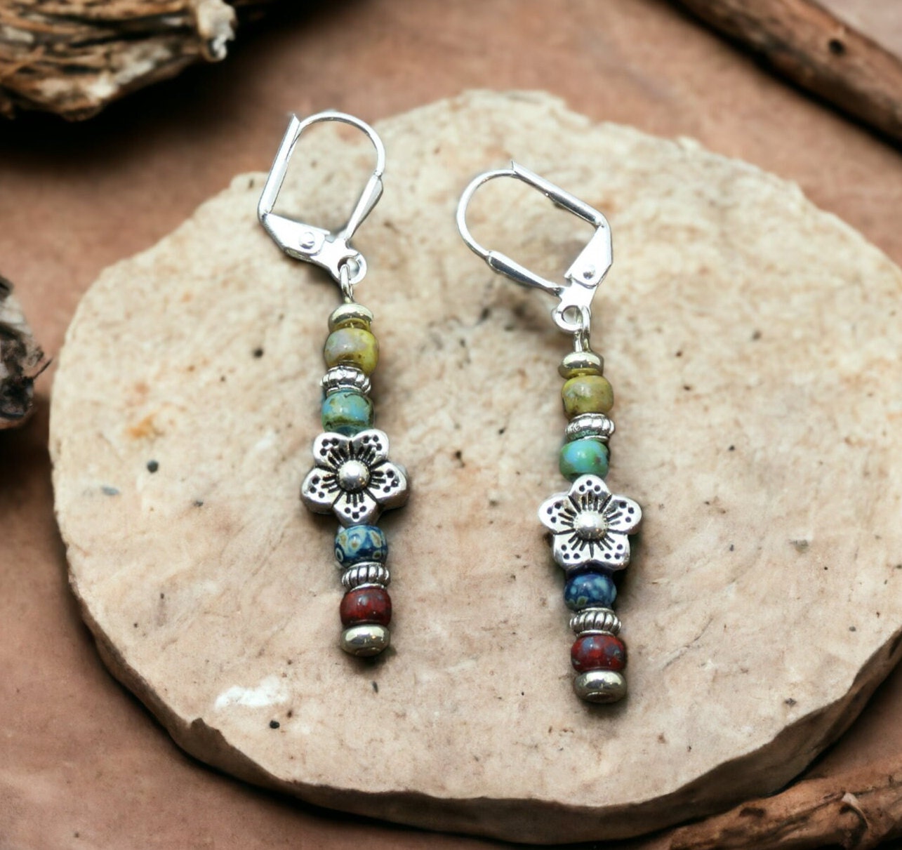 Dainty Multicolor Picasso Seed Bead Stick Earrings with Flower Spacer Bead - Lightweight And Comfortable Boho Statement Jewelry