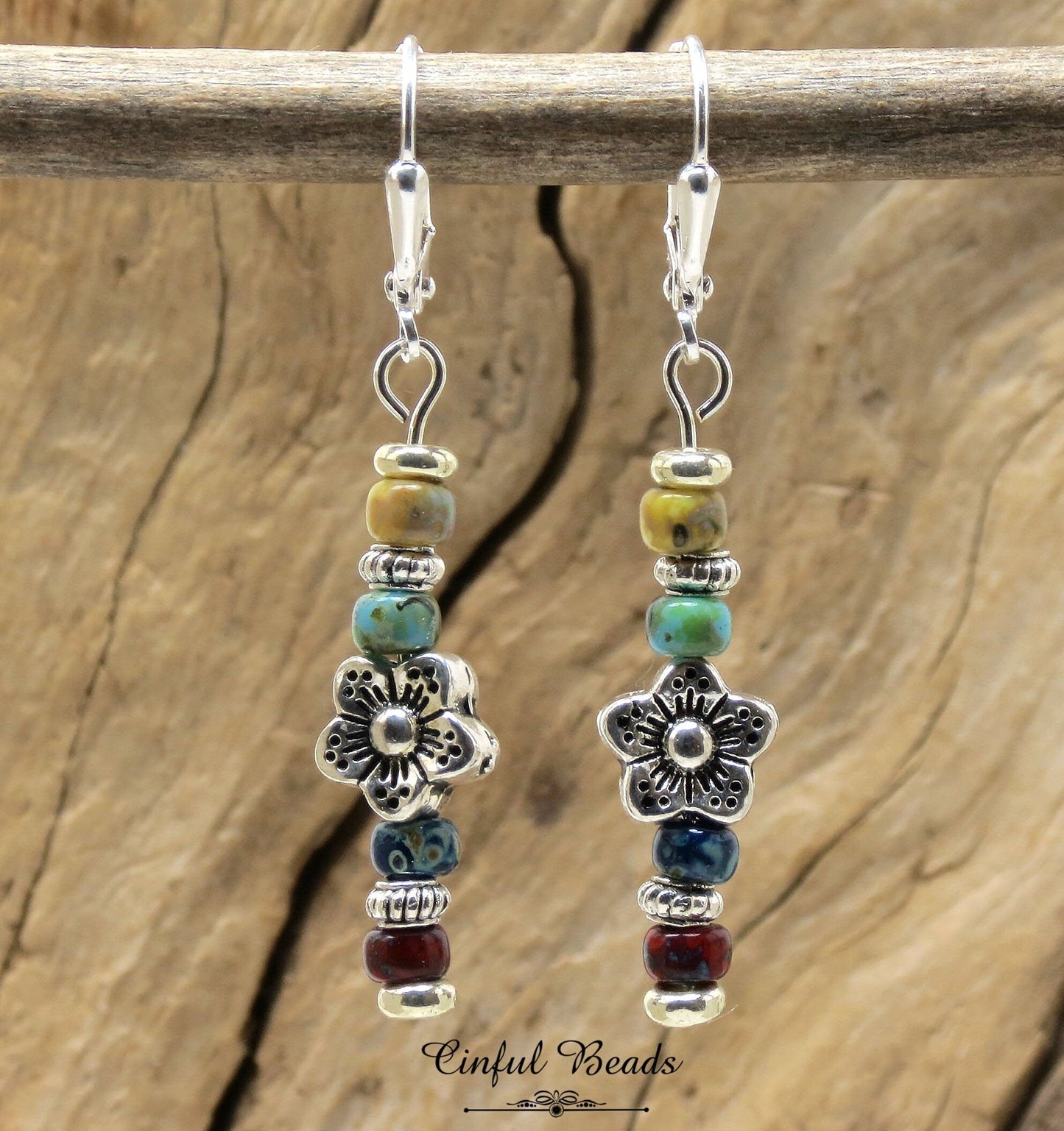 Dainty Multicolor Picasso Seed Bead Stick Earrings with Flower Spacer Bead - Lightweight And Comfortable Boho Statement Jewelry