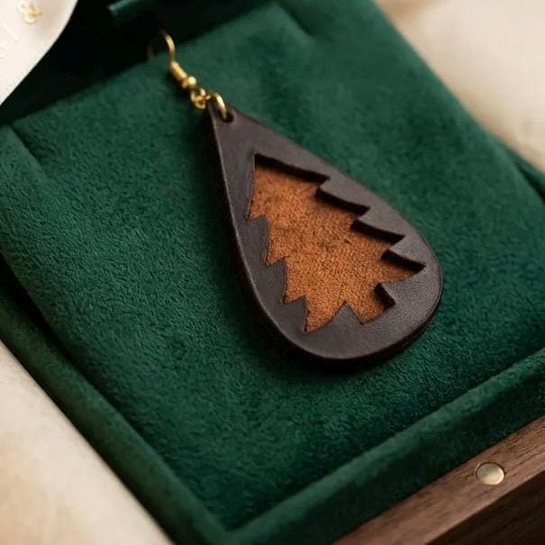 Handmade Leather Teardrop Earrings, Tree Design, Boho Rustic Nature Jewelry
