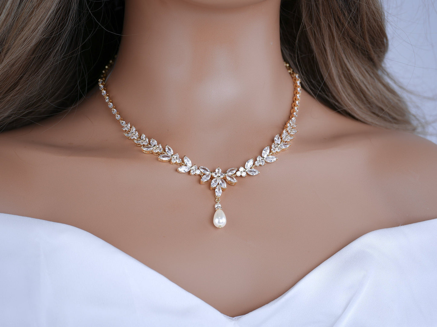 Bridal Necklace set Pearl Wedding Jewelry Gold Pearl Necklace Pearl Bridal Necklace set Drop Earrings Crystal Pearl Necklace