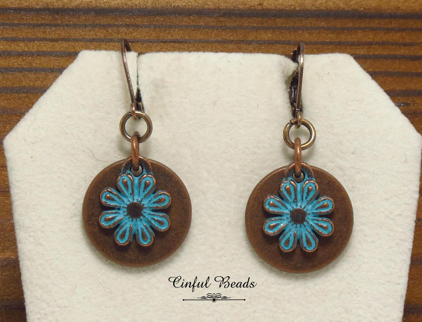 Copper Patina Boho Dangle Earrings - Copper and Turquoise Patina Flower Earrings
