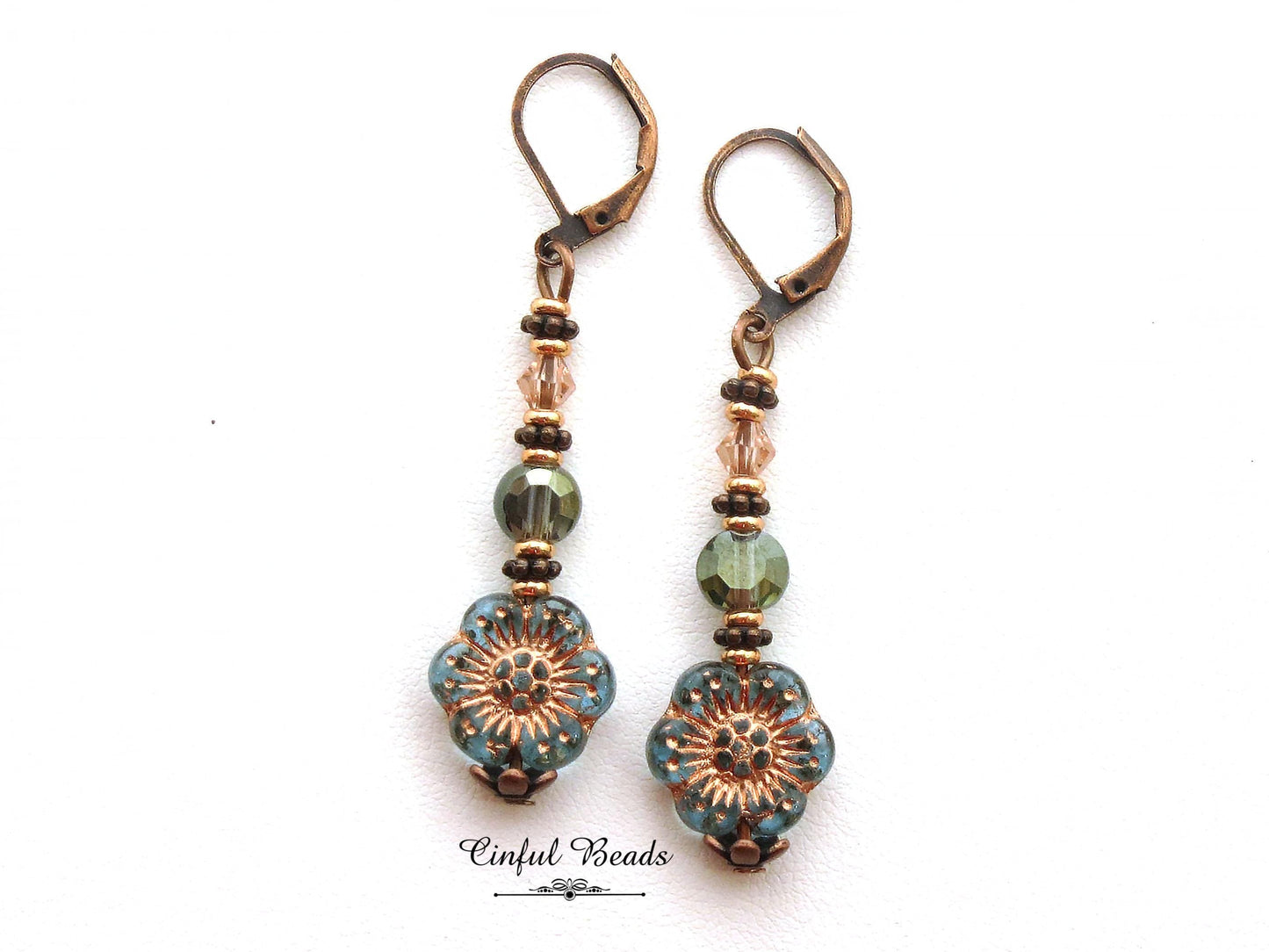Antique Copper Boho Earrings - Transparent Aqua and Rose Dangle Earrings -Lightweight Flower Earrings with Matching Necklace