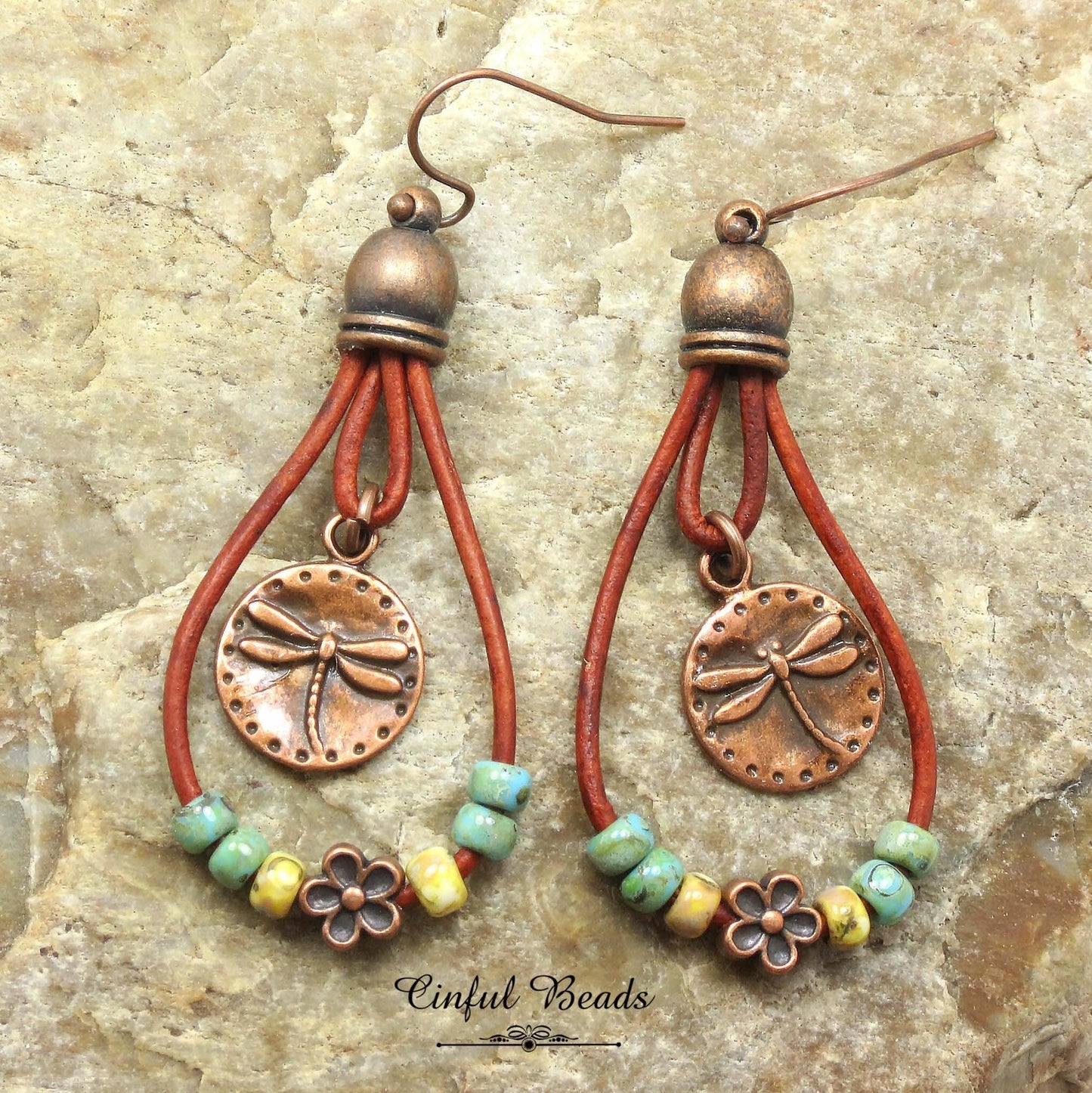 Boho Leather Dangle Earrings - Copper Dragonfly Leather Teardrop Earrings - Turquoise Picasso Leather Southwestern Earrings