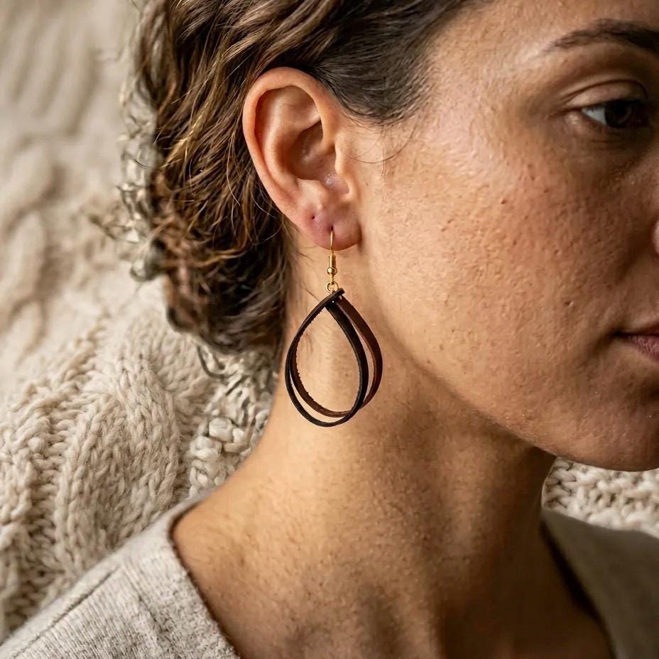 Handmade Genuine Leather Teardrop Earrings – Minimalist Lightweight Dangle Jewelry