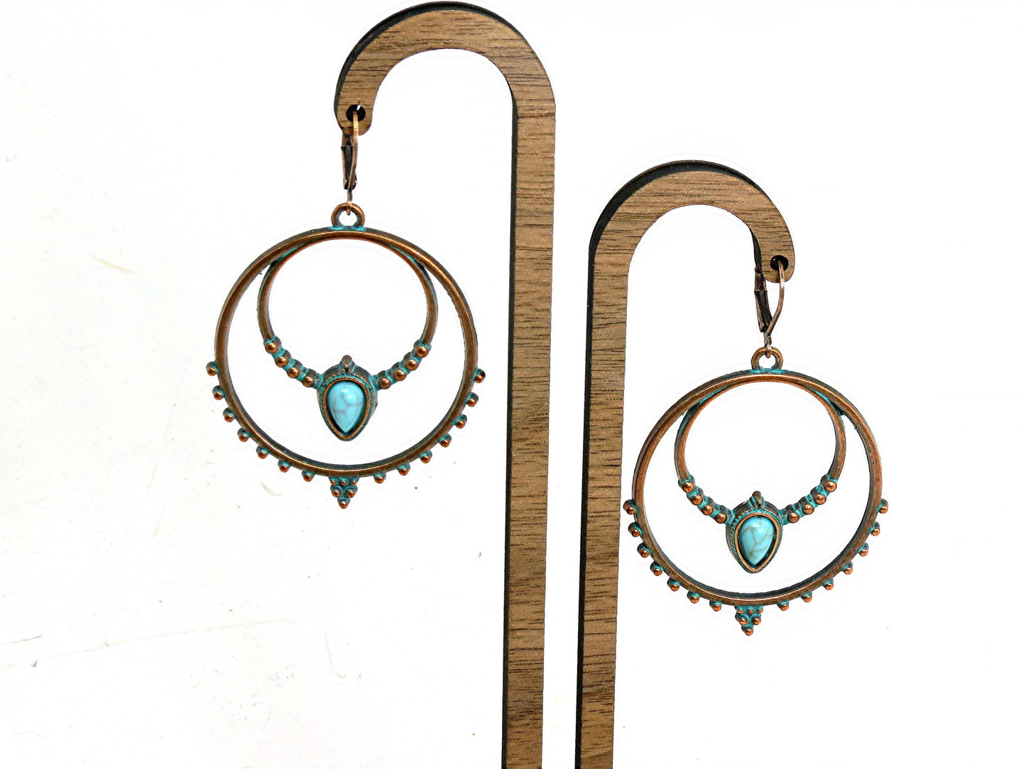 Boho Antique Copper Patina Hoop Earrings with Faux Turquoise