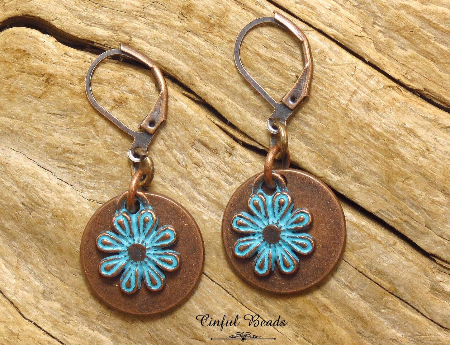 Copper Patina Boho Dangle Earrings - Copper and Turquoise Patina Flower Earrings