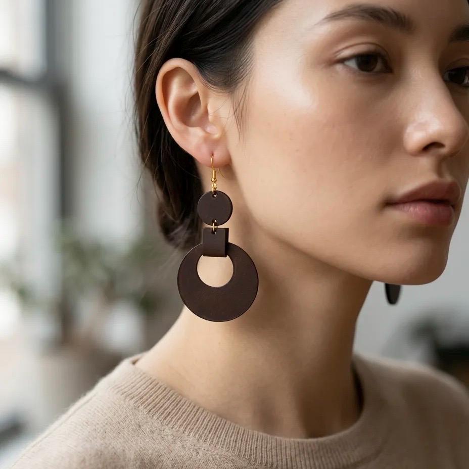 Handmade Genuine Cowhide Leather Geometric Drop Earrings – Minimalist Statement Jewelry