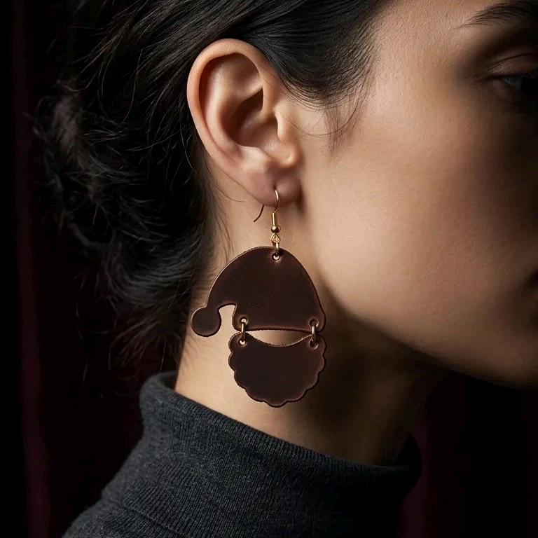 Handmade Leather Santa Claus Earrings, Festive Holiday Dangle Jewelry