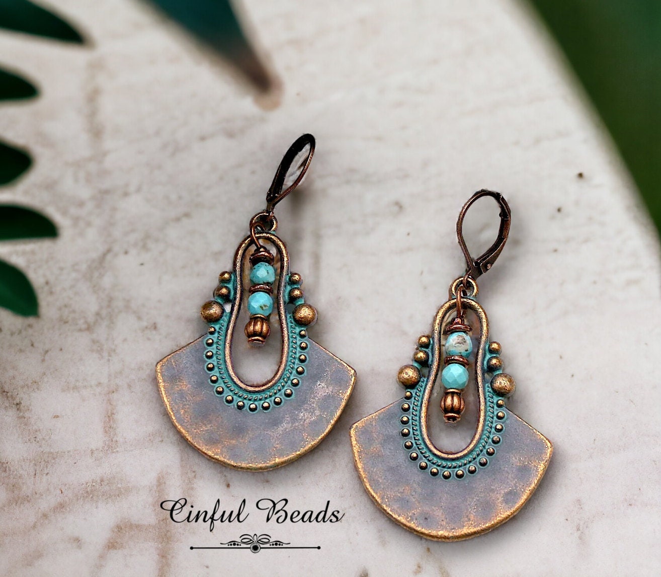 Turquoise Patina Boho Dangle Earrings - Antique Copper Ethnic Earrings With Turquoise Magnesite Beads - Rustic Dangle Pendant Earrings