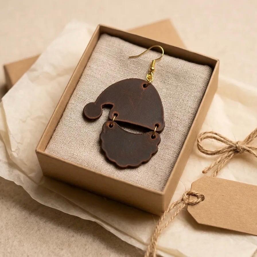 Handmade Leather Santa Claus Earrings, Festive Holiday Dangle Jewelry