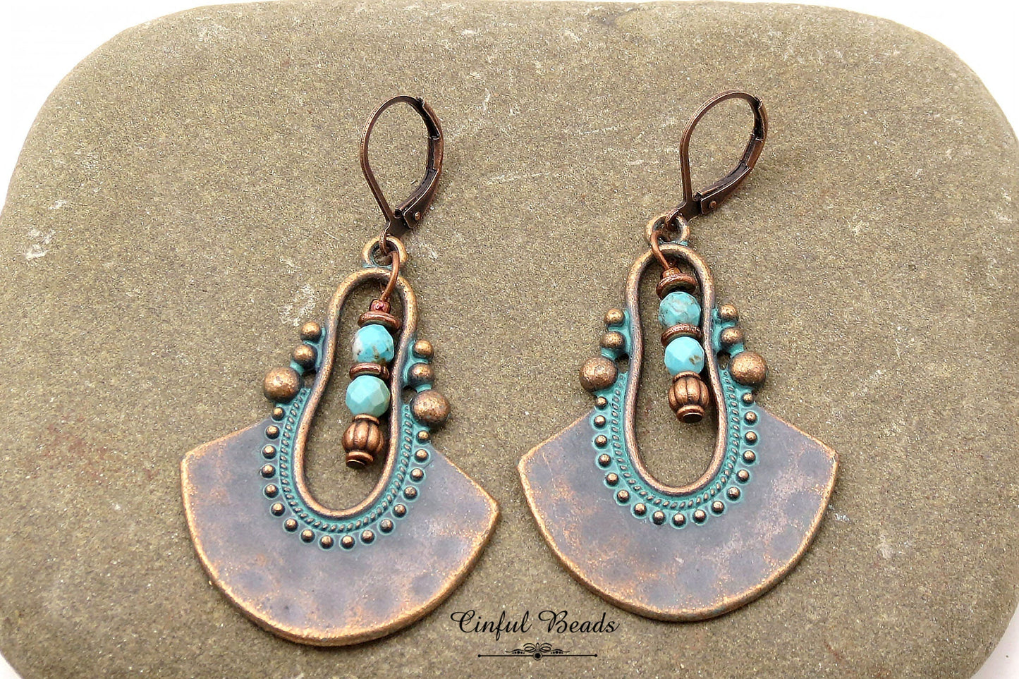 Turquoise Patina Boho Dangle Earrings - Antique Copper Ethnic Earrings With Turquoise Magnesite Beads - Rustic Dangle Pendant Earrings
