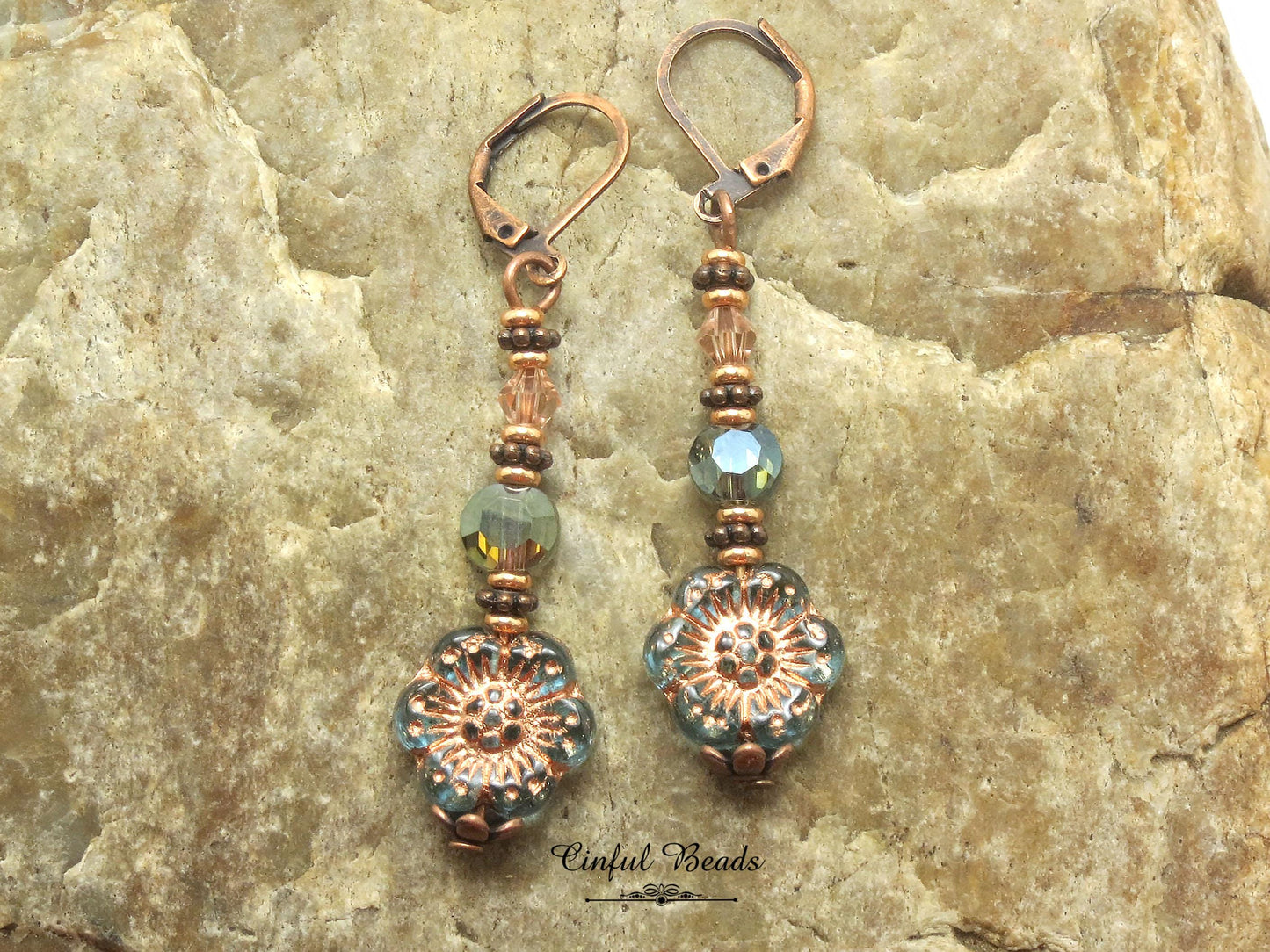 Antique Copper Boho Earrings - Transparent Aqua and Rose Dangle Earrings -Lightweight Flower Earrings with Matching Necklace