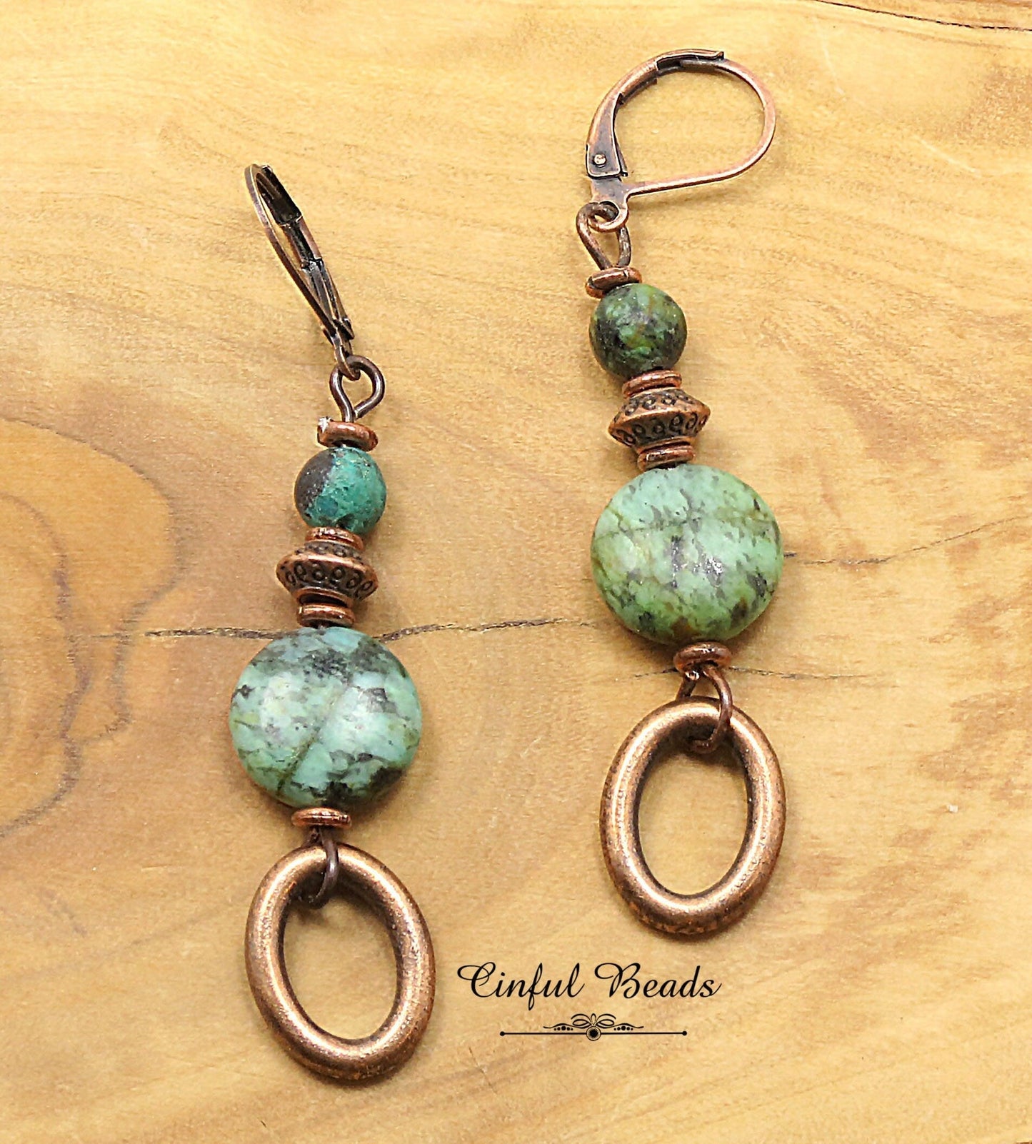 African Turquoise Copper Dangle Earrings - Antique Copper Boho Gemstone Earrings - Natural African Turquoise Drop Earrings - Stone Earrings