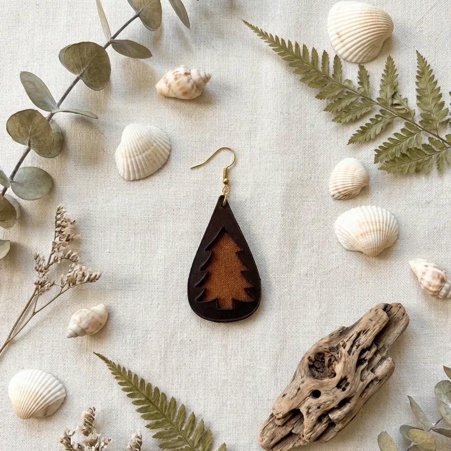 Handmade Leather Teardrop Earrings, Tree Design, Boho Rustic Nature Jewelry