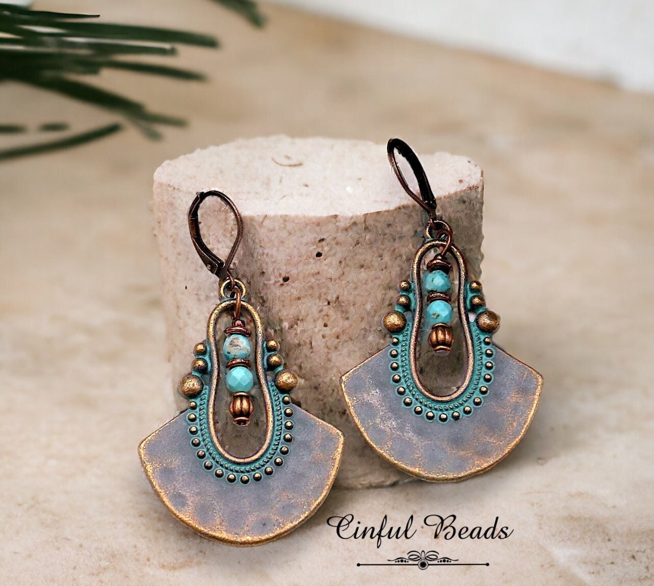 Turquoise Patina Boho Dangle Earrings - Antique Copper Ethnic Earrings With Turquoise Magnesite Beads - Rustic Dangle Pendant Earrings