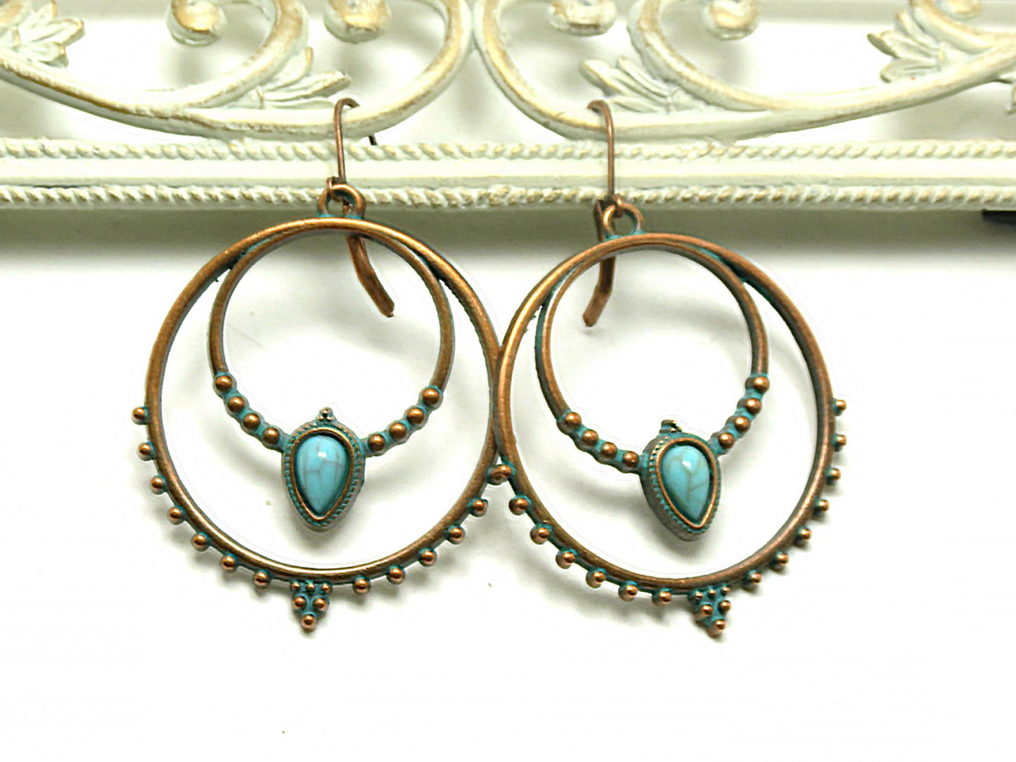 Boho Antique Copper Patina Hoop Earrings with Faux Turquoise