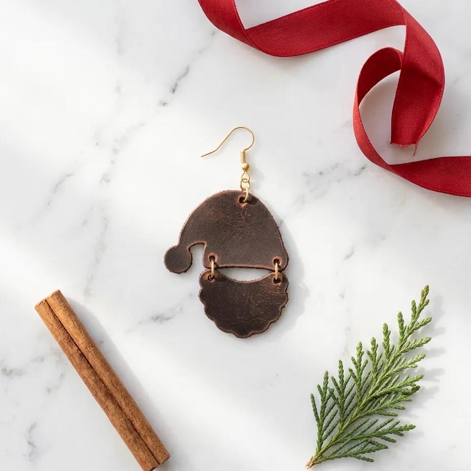 Handmade Leather Santa Claus Earrings, Festive Holiday Dangle Jewelry