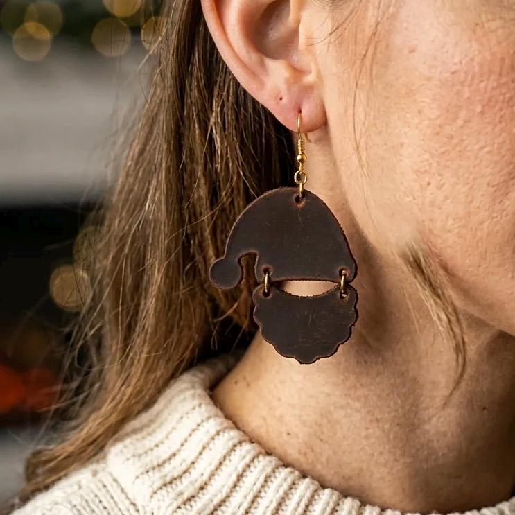 Handmade Leather Santa Claus Earrings, Festive Holiday Dangle Jewelry