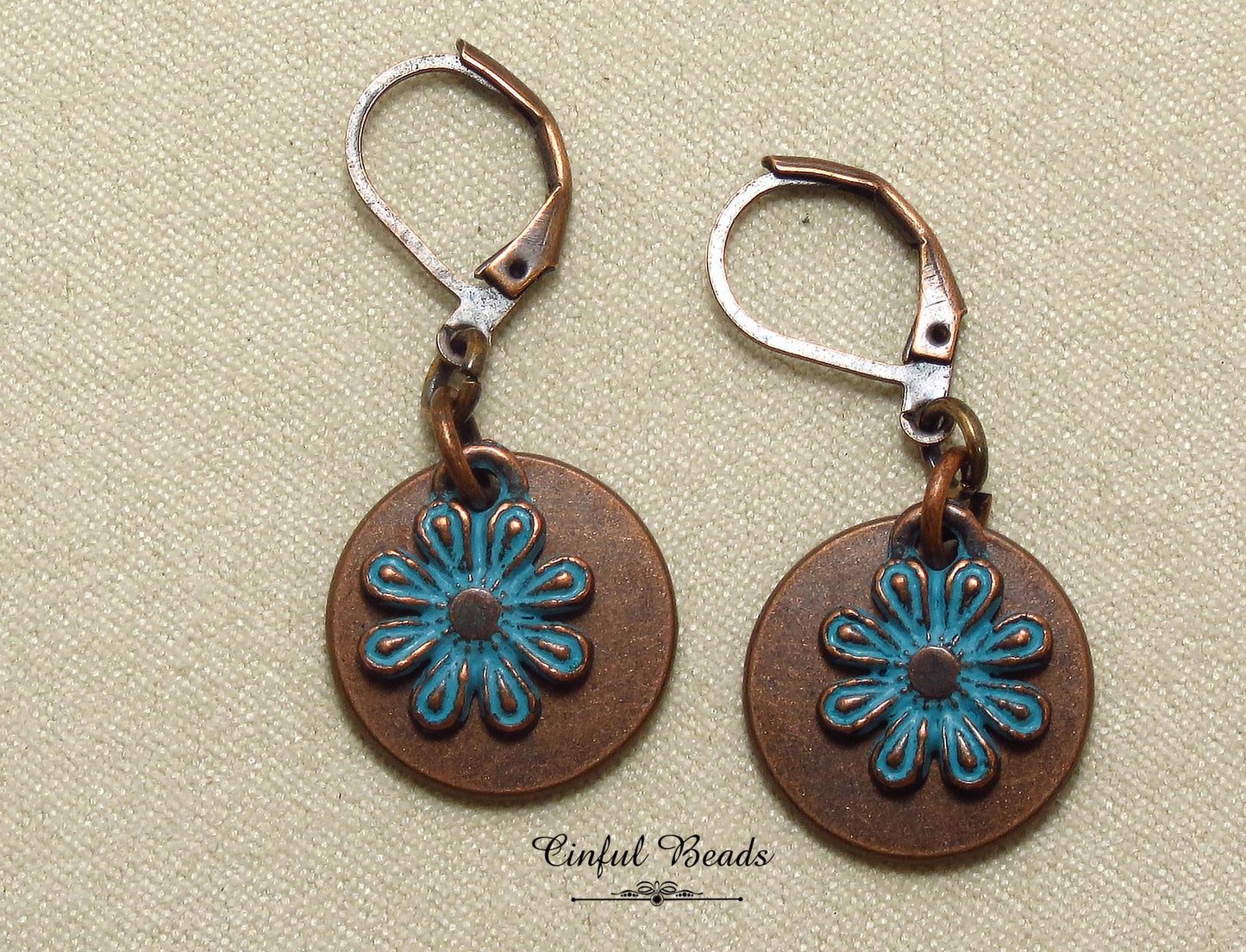 Copper Patina Boho Dangle Earrings - Copper and Turquoise Patina Flower Earrings