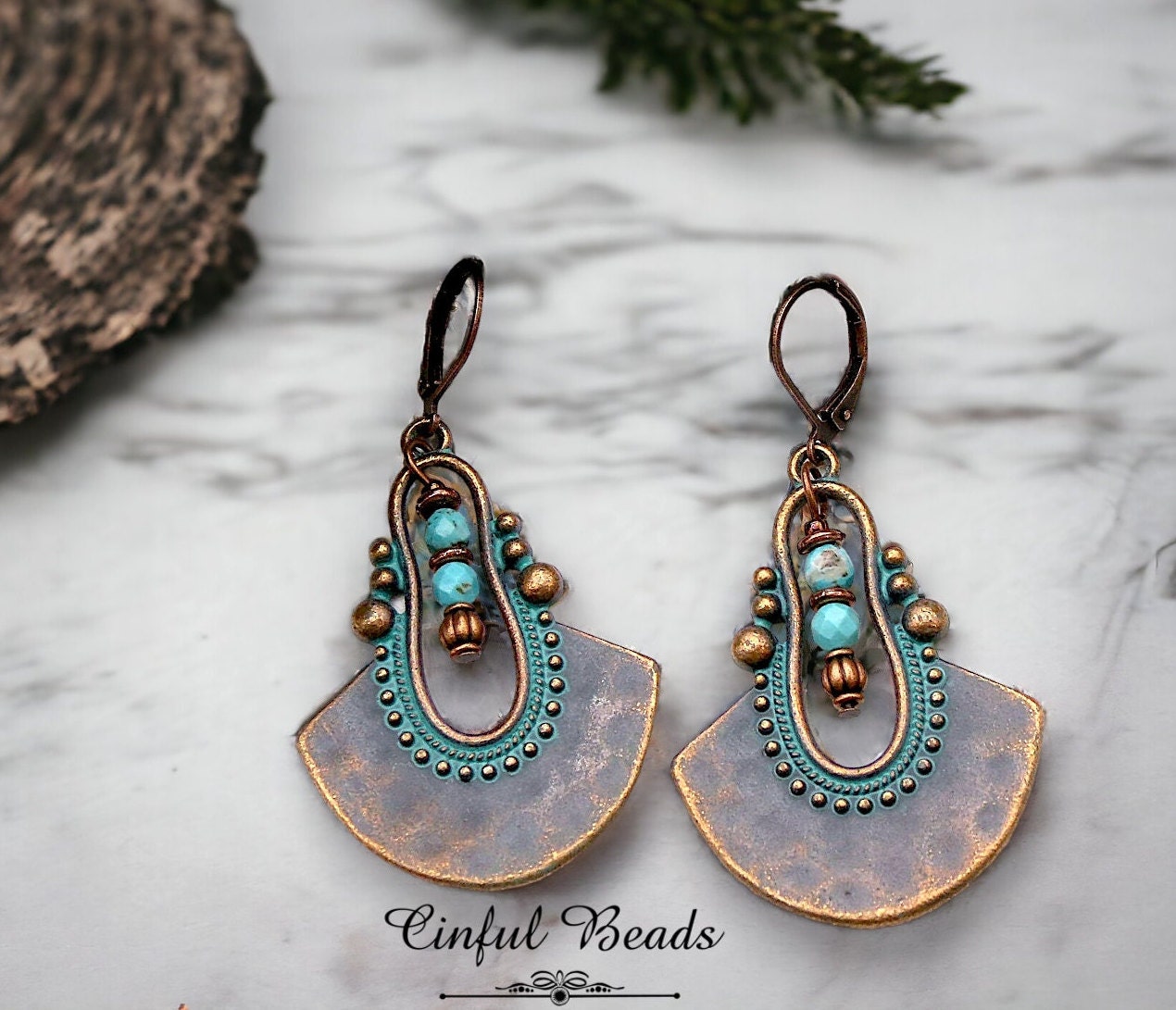Turquoise Patina Boho Dangle Earrings - Antique Copper Ethnic Earrings With Turquoise Magnesite Beads - Rustic Dangle Pendant Earrings