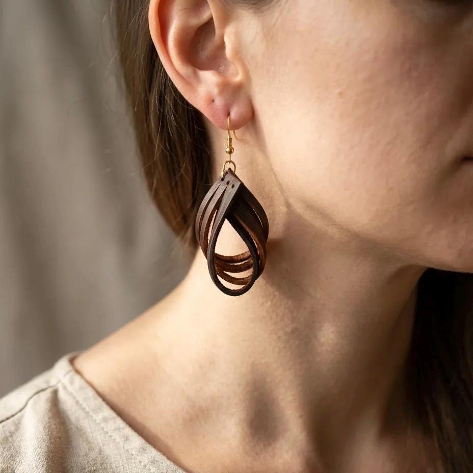 Genuine Leather Teardrop Earrings, Layered Dangle Boho Jewelry, Lightweight Natural Design