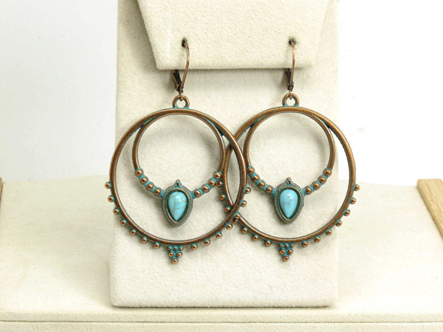 Boho Antique Copper Patina Hoop Earrings with Faux Turquoise