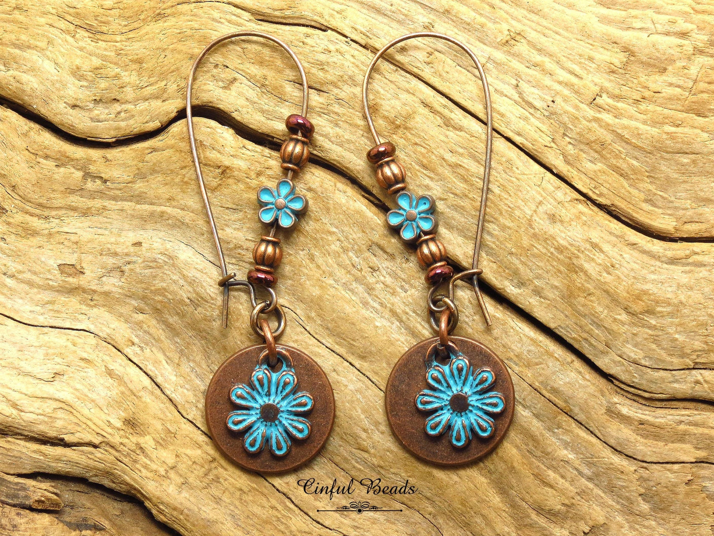 Copper Patina Boho Dangle Earrings - Copper and Turquoise Patina Flower Earrings