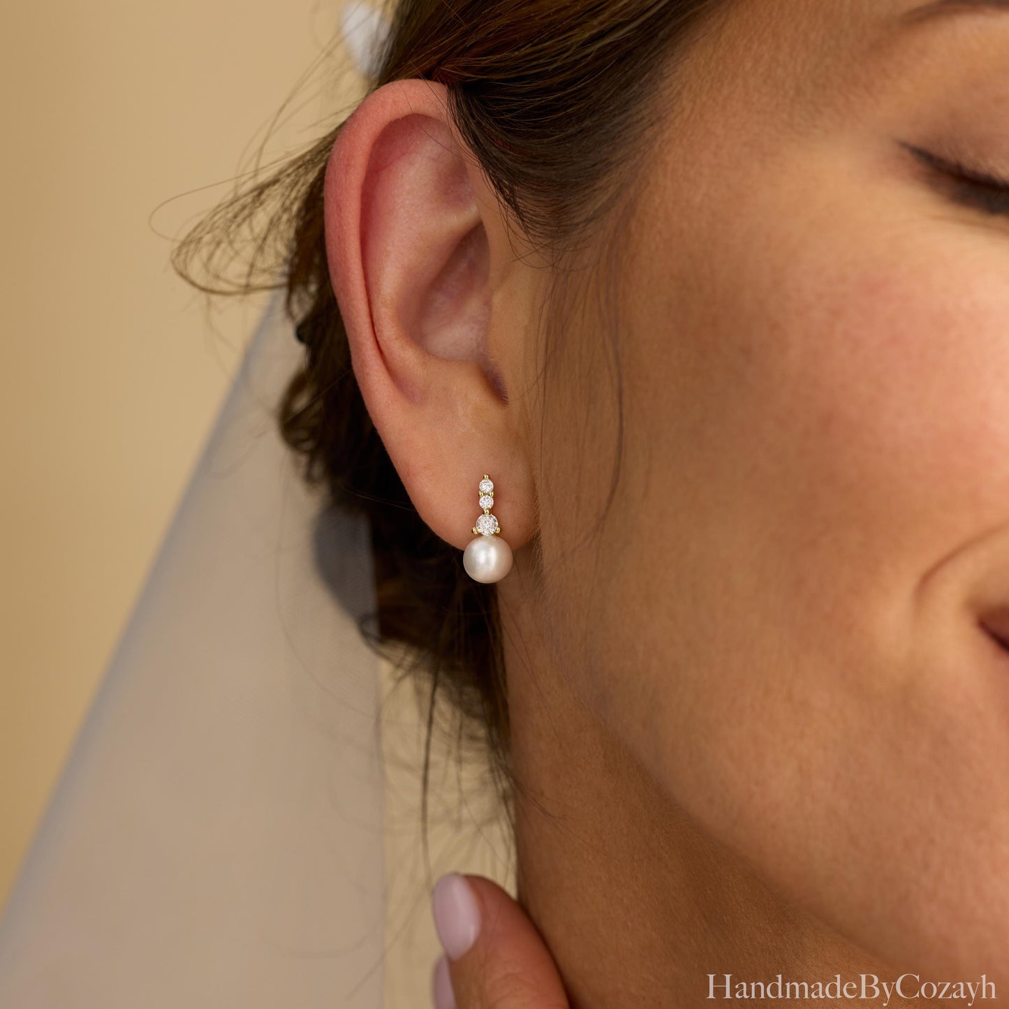 Diamond Pearl Drop Earrings, Simple Freshwater Pearl Earrings, Dainty Wedding Jewelry, Bridesmaid Gift, Bridal Earrings, Mother's Day gift