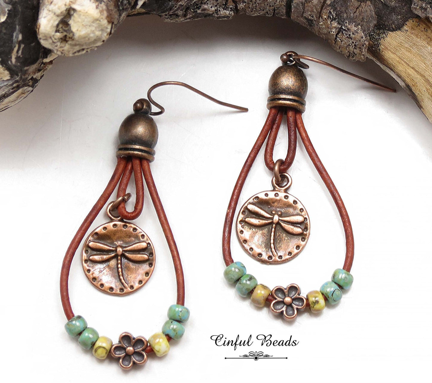 Boho Leather Dangle Earrings - Copper Dragonfly Leather Teardrop Earrings - Turquoise Picasso Leather Southwestern Earrings