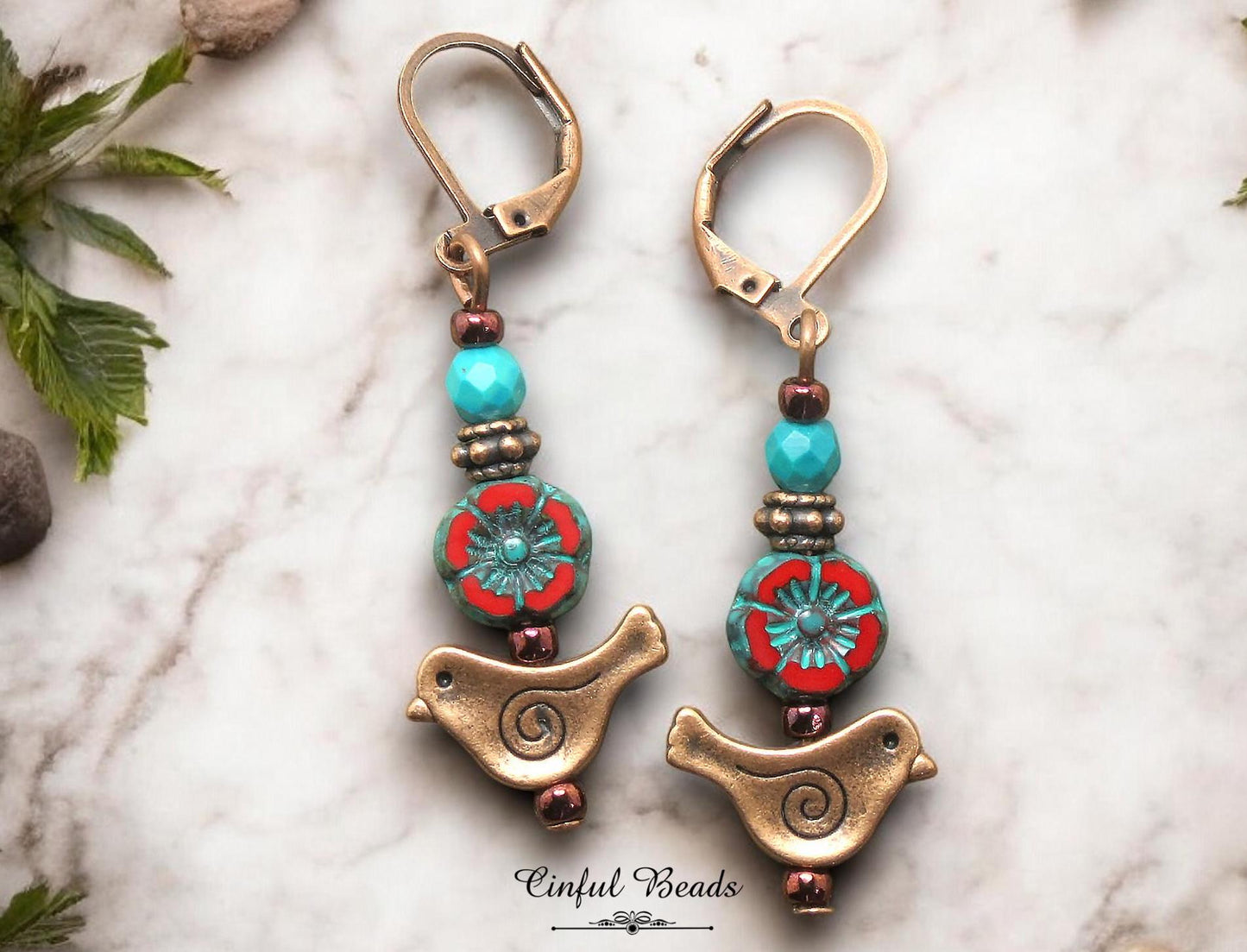Antique Copper Bird Earrings with Red Czech Glass Hawaiian Flower and Turquoise Wash - Minimalist Boho Dangle Earrings - Customized Earwires