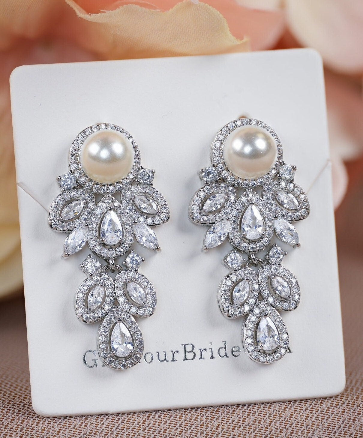 Pearl earrings Drop Pearl Bridal earrings Pearl Wedding earrings Pearl Chandelier earrings Long Bridal Earrings