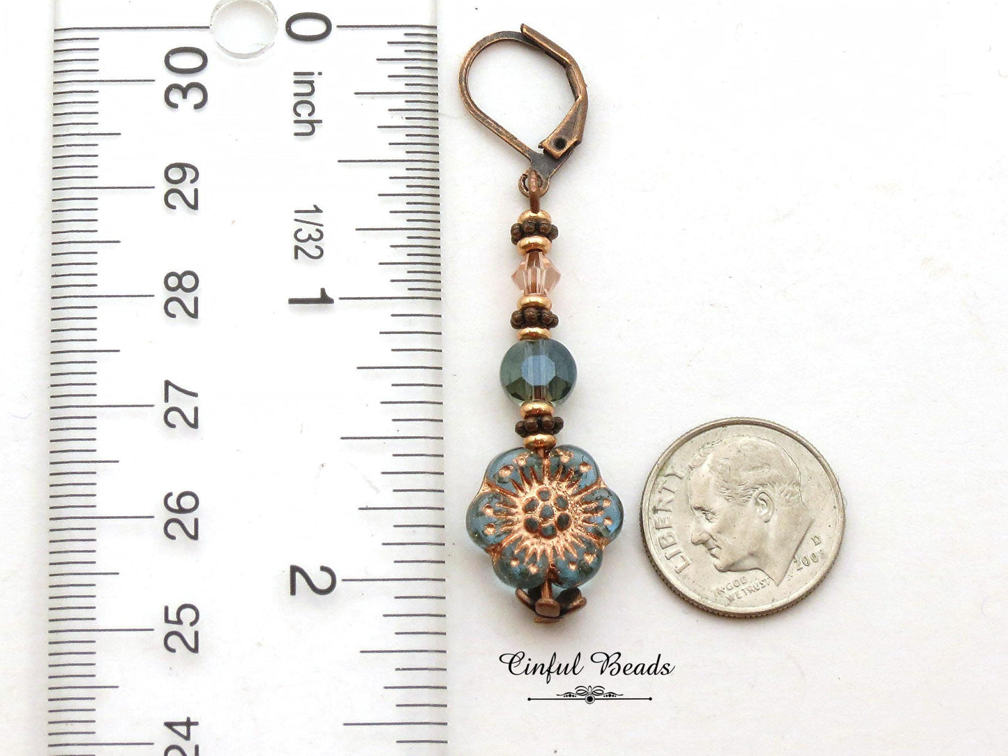 Antique Copper Boho Earrings - Transparent Aqua and Rose Dangle Earrings -Lightweight Flower Earrings with Matching Necklace