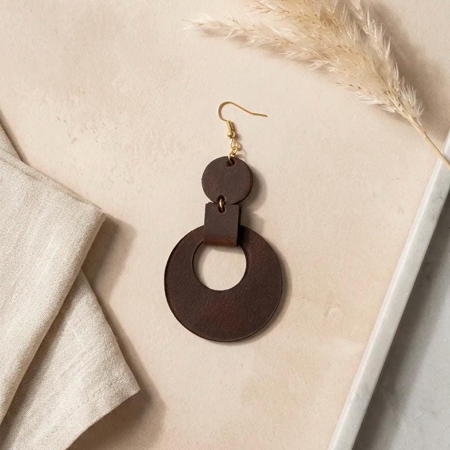Handmade Genuine Cowhide Leather Geometric Drop Earrings – Minimalist Statement Jewelry