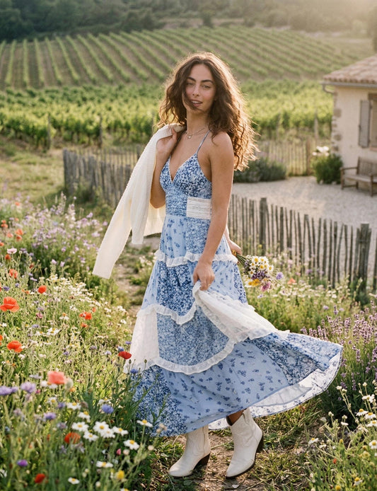 Floral Tiered Ruffle Maxi Dress, Sexy V-Neck High Waist Patchwork Gown, Sleeveless A-line Long Dress, Pink Aesthetic Romantic Women Clothing