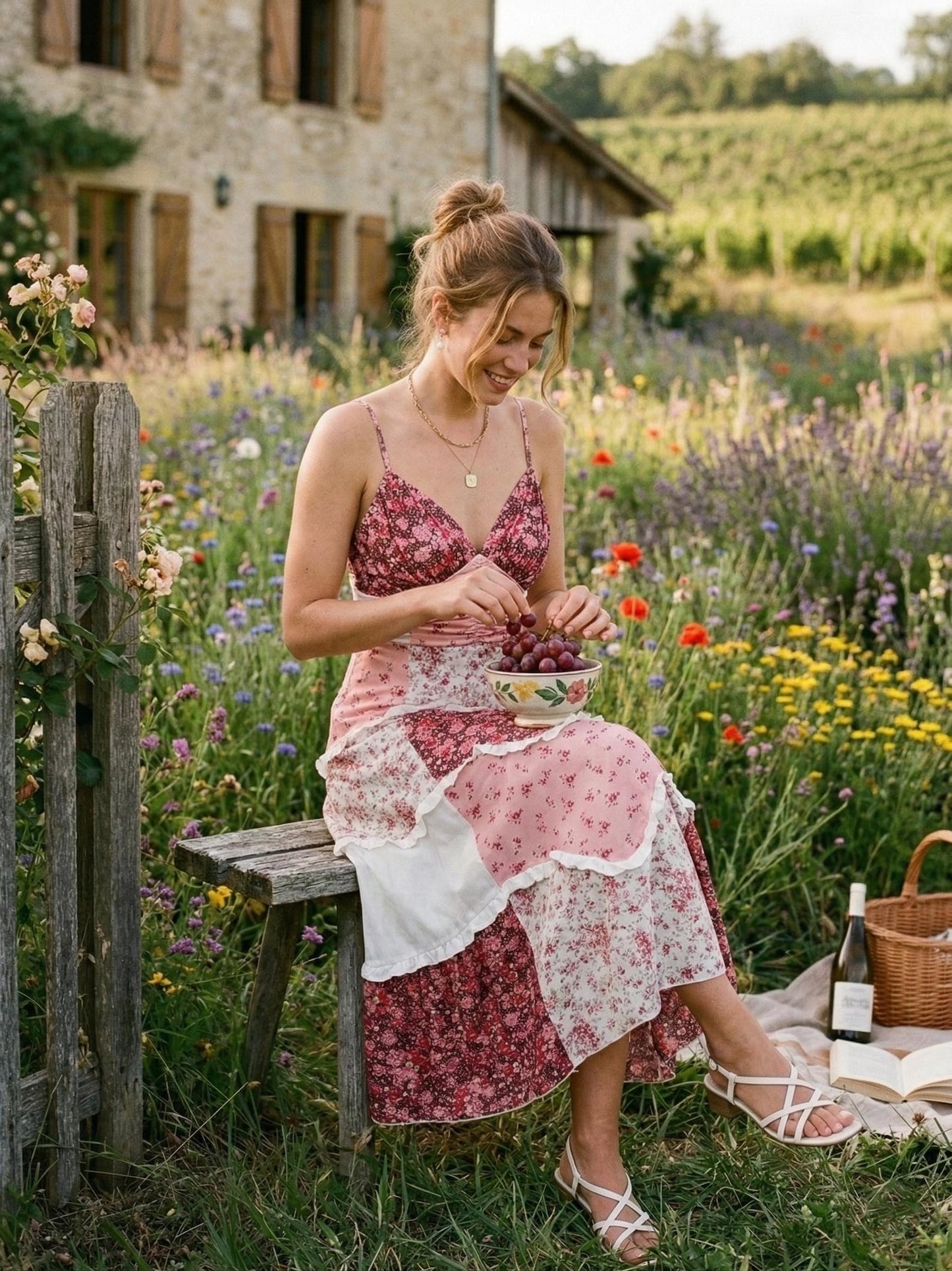 Vintage French Countryside Floral Dress, Patchwork High Waist Maxi, Shabby Chic Ruffle Sun Dress, Romantic Fairy Cottagecore Party Dress