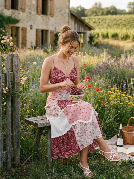 Boho Floral Patchwork Maxi Dress, V-Neck Sleeveless Tiered Ruffle Long Dress, Romantic Pink Summer Sundress, Cottagecore Vacation Gown