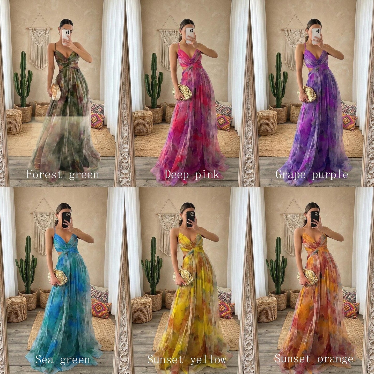 Tropical Orange Floral Chiffon Maxi Dress - High-Side Slit Beach Gown - Summer Resort Sundress