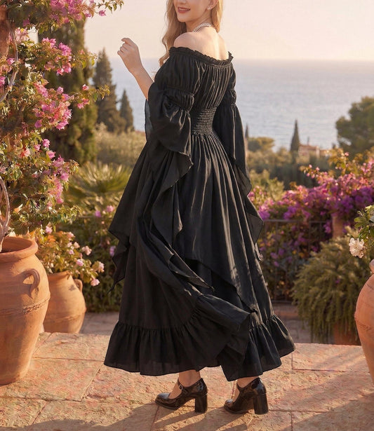 Renaissance Dress Women, Medieval Off Shoulder Maxi Gown, Fairy Smocked Waist Skirt, Pirate Steampunk Costume, Victorian Cottagecore Dress