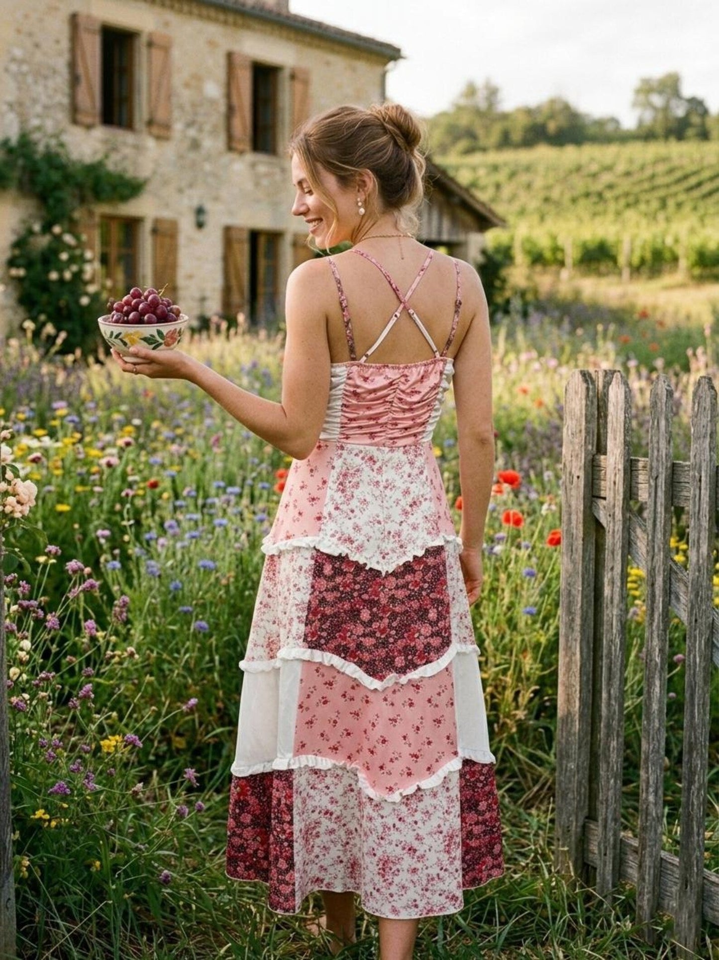 Boho Floral Patchwork Maxi Dress, V-Neck Sleeveless Tiered Ruffle Long Dress, Romantic Pink Summer Sundress, Cottagecore Vacation Gown