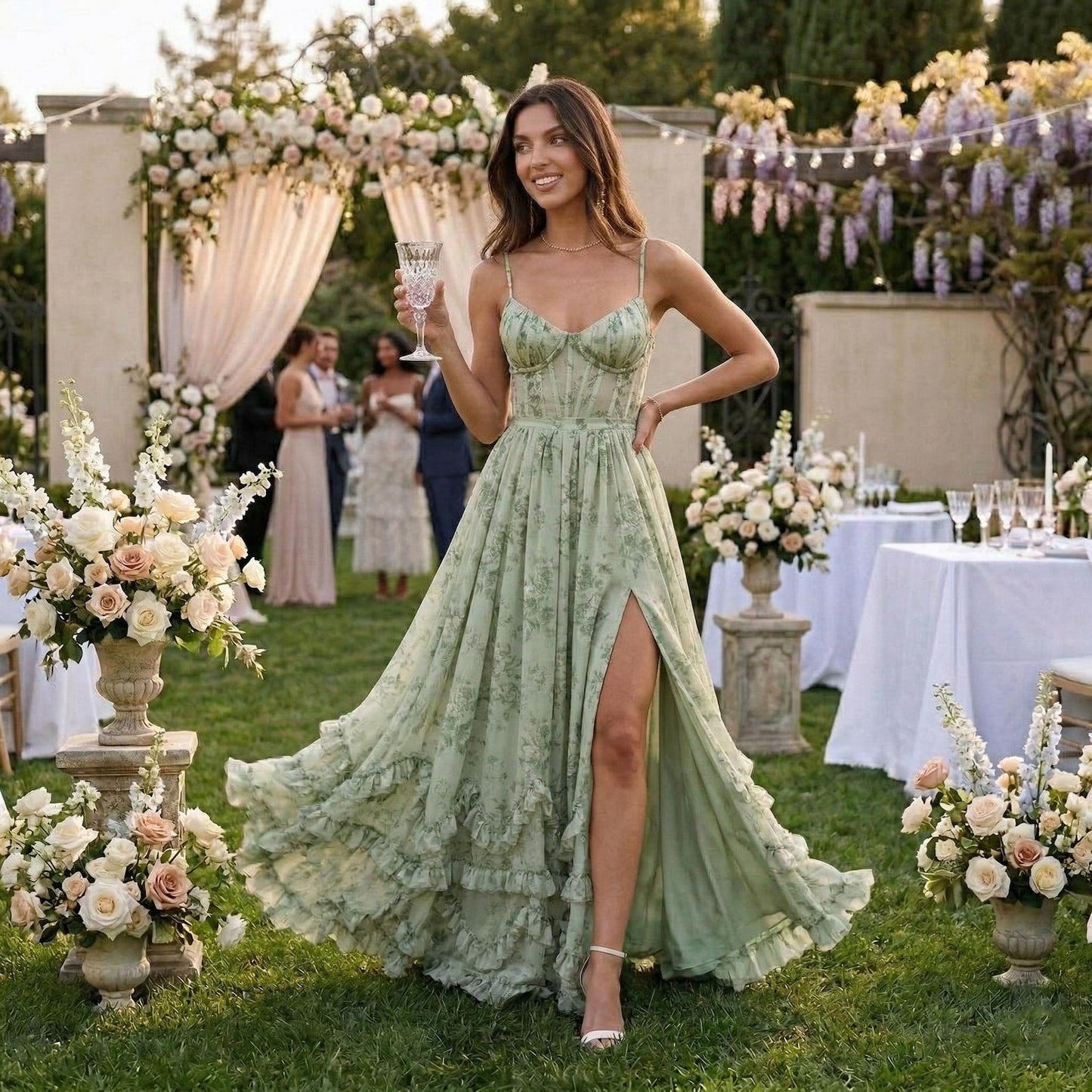 Floral Chiffon Maxi Dress, Romantic Corset Style Sundress, V-Neck Spaghetti Strap Long Dress, Wedding Guest Outfit, Boho Summer Party Gown