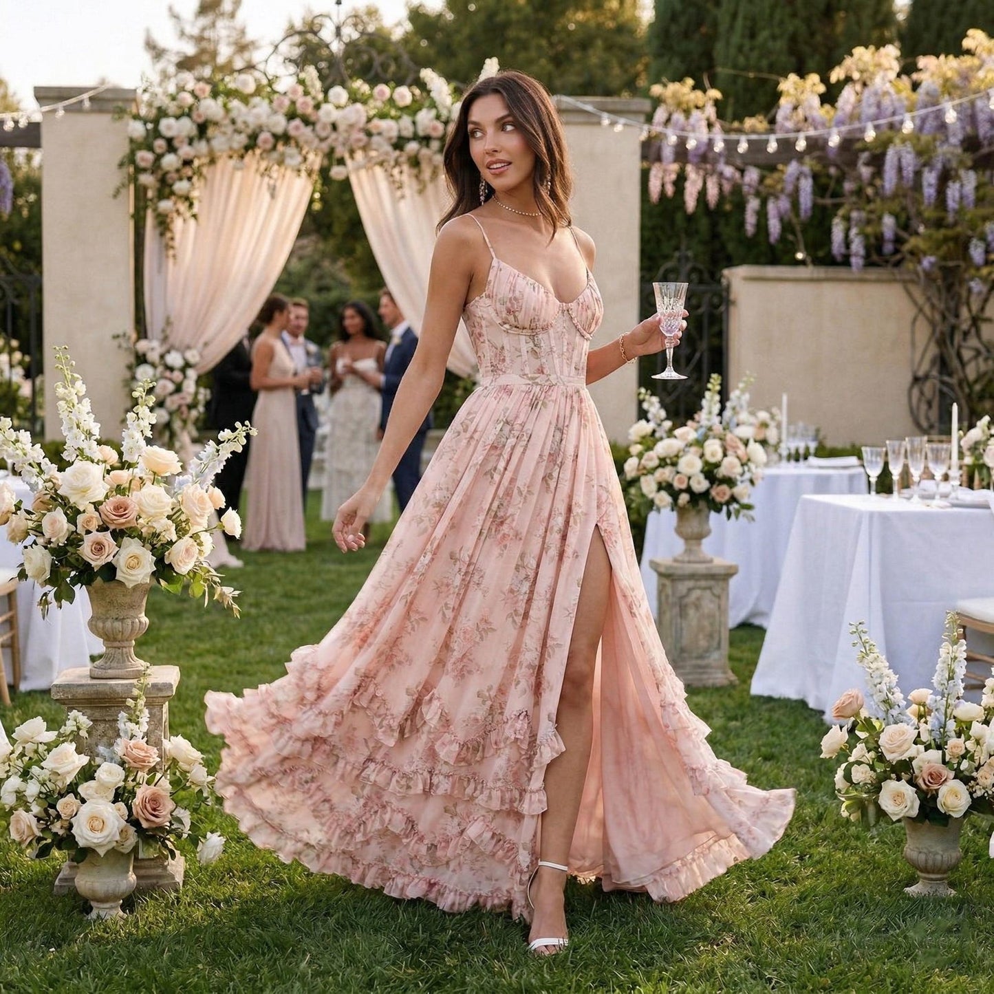 Floral Sleeveless Long Dress, Sexy Backless Chiffon Gown, Bridesmaid Dress, Tropical Vacation Maxi, Evening Garden Party Dress for Women