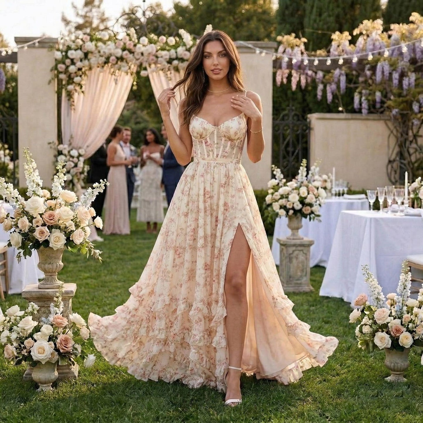 Floral Chiffon Maxi Dress, Romantic Corset Style Sundress, V-Neck Spaghetti Strap Long Dress, Wedding Guest Outfit, Boho Summer Party Gown